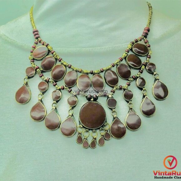 Brown Afghan Beaded Chain Choker Necklace, Handmade Tribal Choker With Stones - Picture 1 of 9